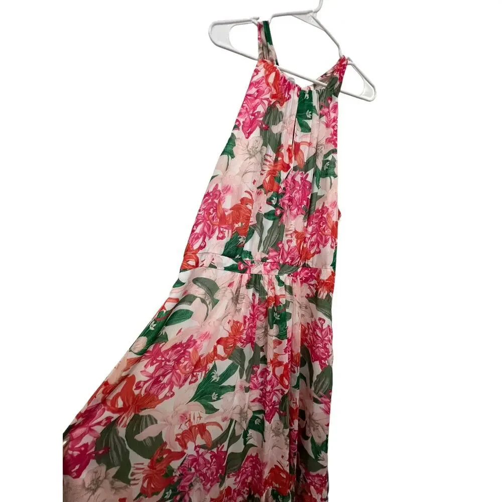 CeCe Pink Floral Print Halter Neck Tie Back Cut Out Pleated Maxi Dress Size 14W - Picture 6 of 9